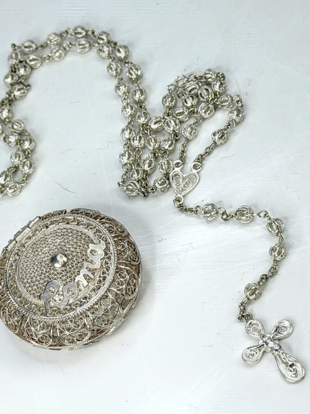 Vintage Sterling Silver Filigree Rosary Roma Hinged Box Cross 18g JR1970